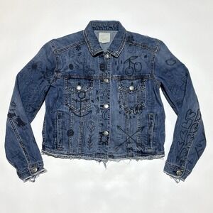 American Eagle Denim Jean Jacket Small Cropped Doodle Art Embroidered